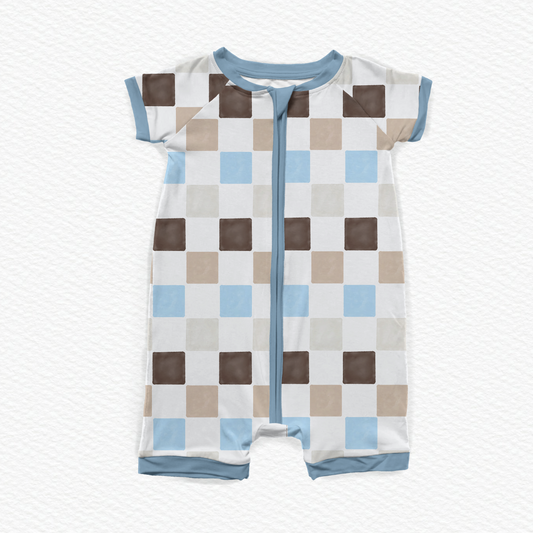 Coastal Coconut Checks Short Zipper Romper
